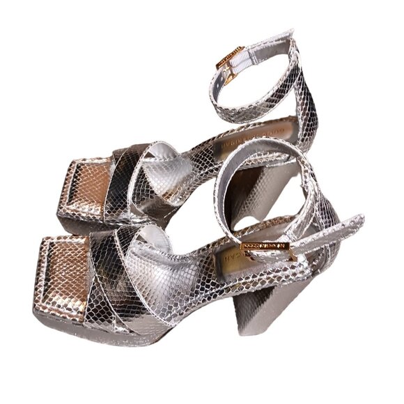 NEW Good American Ankle Strap Open Toe Platform Sandals Silver Snake Size 8 - Picture 5 of 16